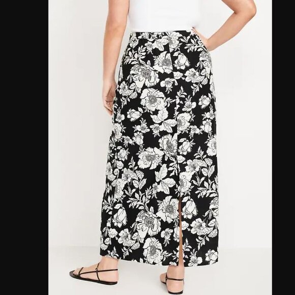 Old Navy Linen Blend Floral Maxi Skirt Womens XS Black Cream Casual Office Q03X - Picture 1 of 5
